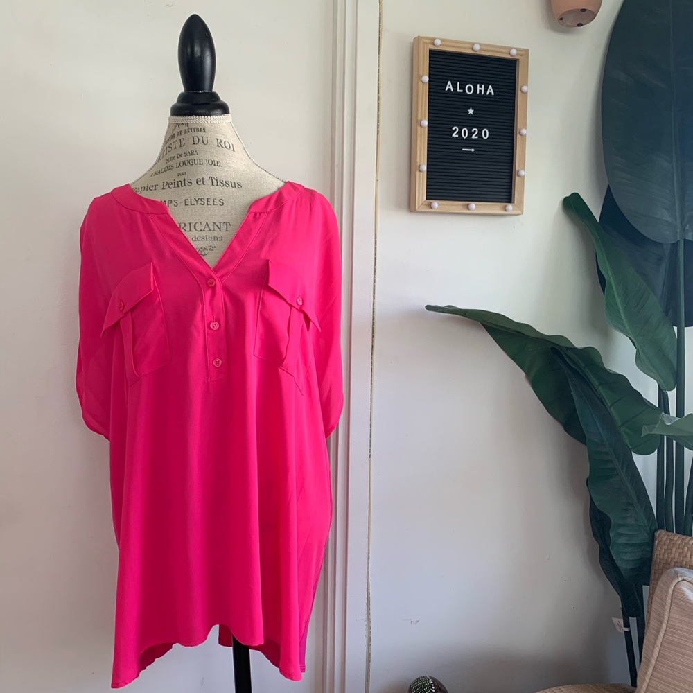 Pink Short Sleeve Button Up Blouse Plus Size